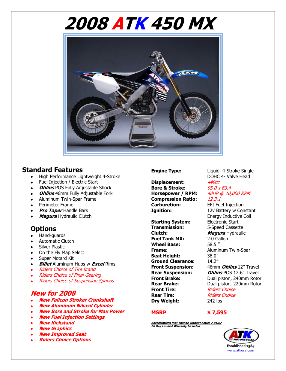 ATK Motorcycles 2008 ATK 450 MX User Manual | 1 page