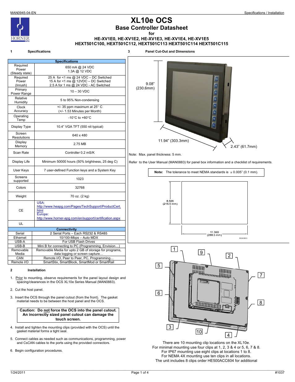 Horner APG XL10e OCS User Manual | 4 pages