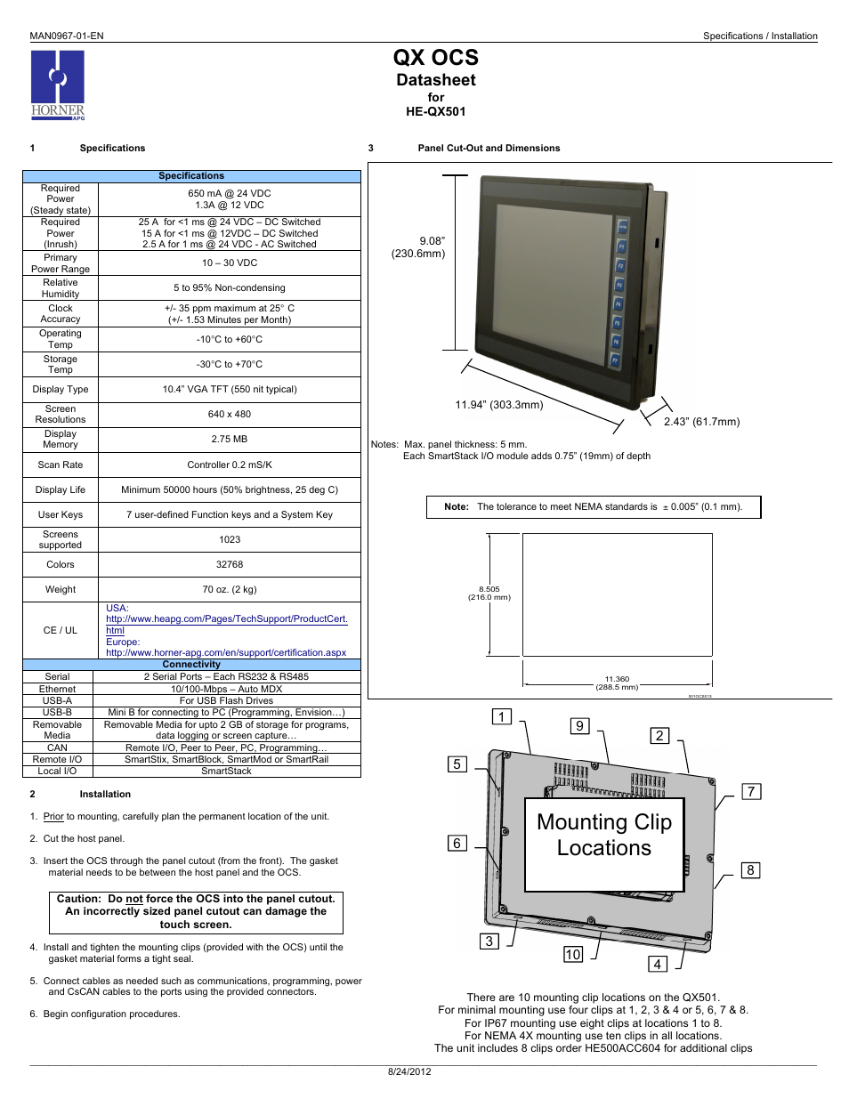 Horner APG QX501 OCS HE-QX501 User Manual | 3 pages