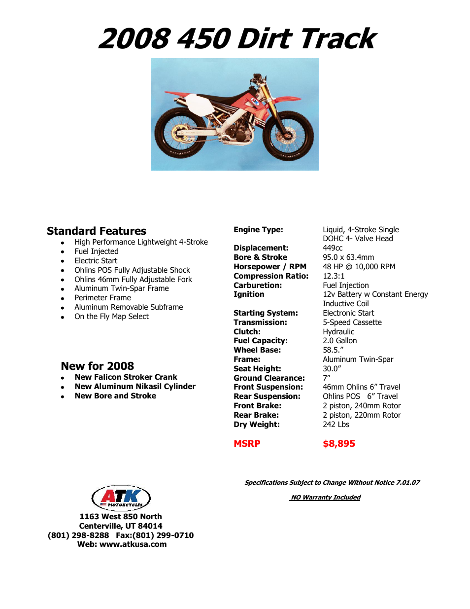 ATK Motorcycles 450 Dirt Track User Manual | 1 page