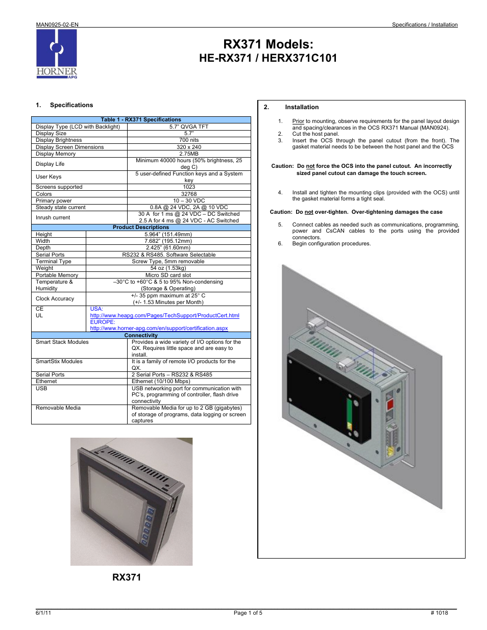 Horner APG RX371 OCS HERX371C101 User Manual | 5 pages