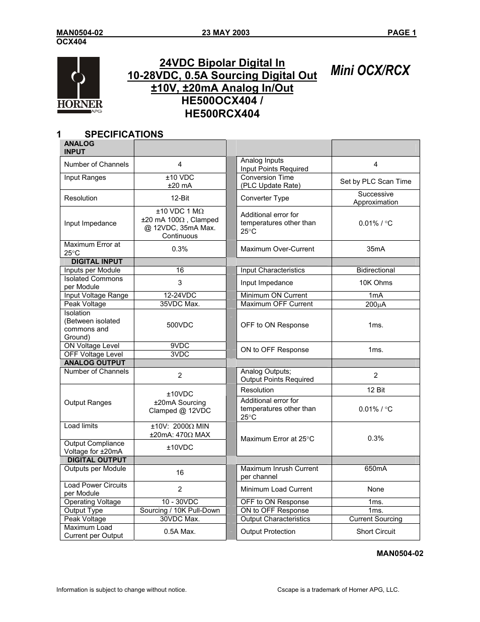 Horner APG RCX HE500RCX404 User Manual | 8 pages