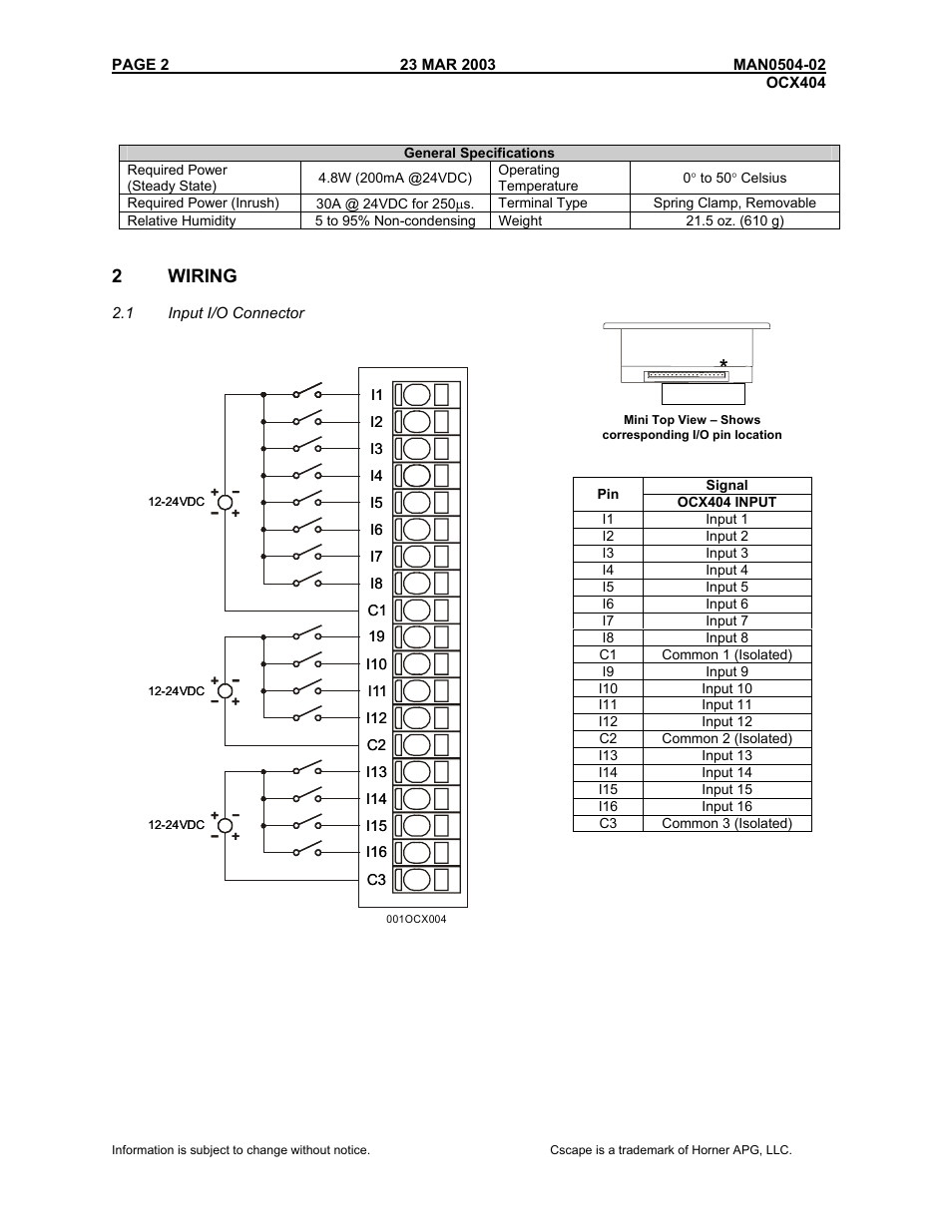 General specifications, 2wiring, 1input i/o connector | 2 wiring | Horner APG RCX HE500RCX404 User Manual | Page 2 / 8