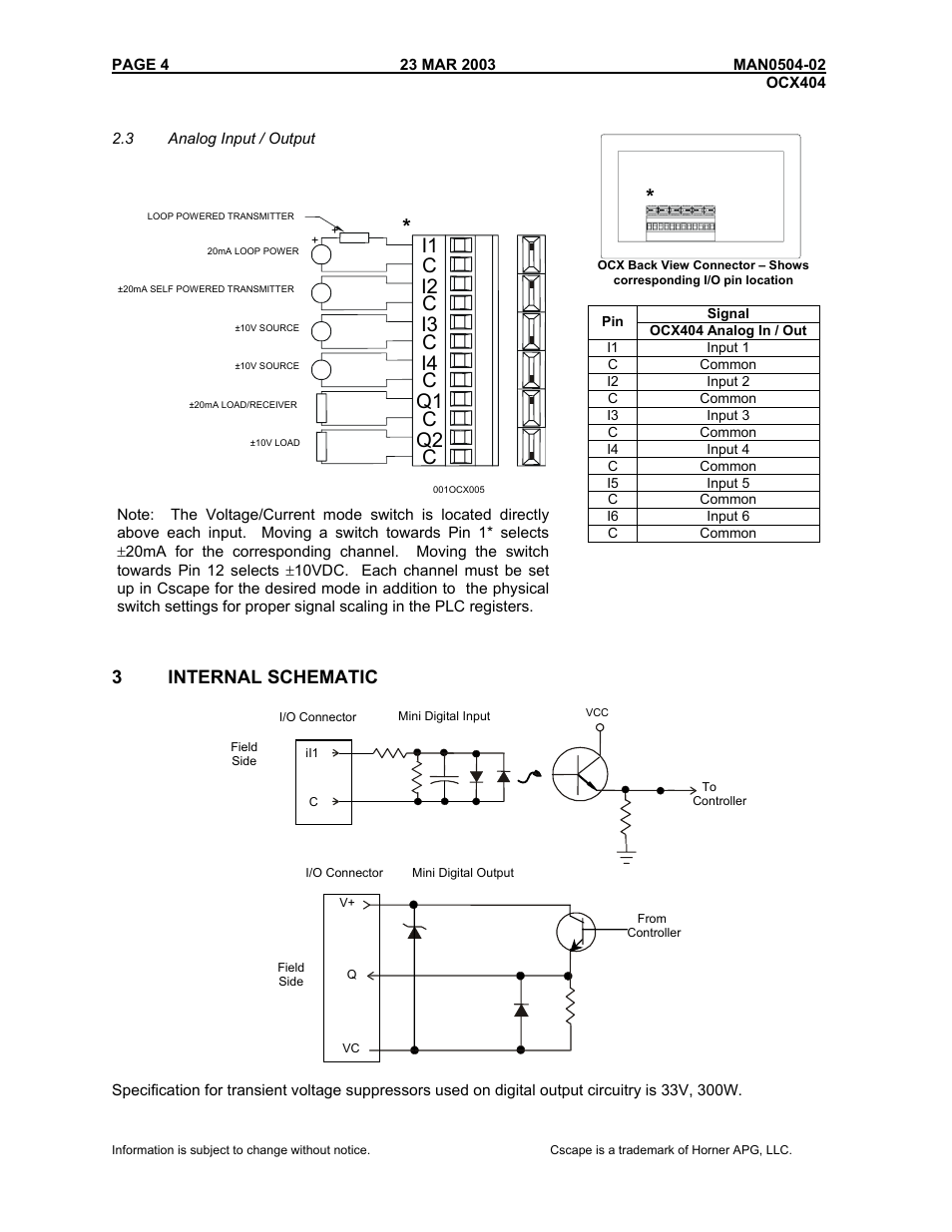3analog input / output, Internal schematic, 3 internal schematic | Horner APG RCX HE500RCX404 User Manual | Page 4 / 8