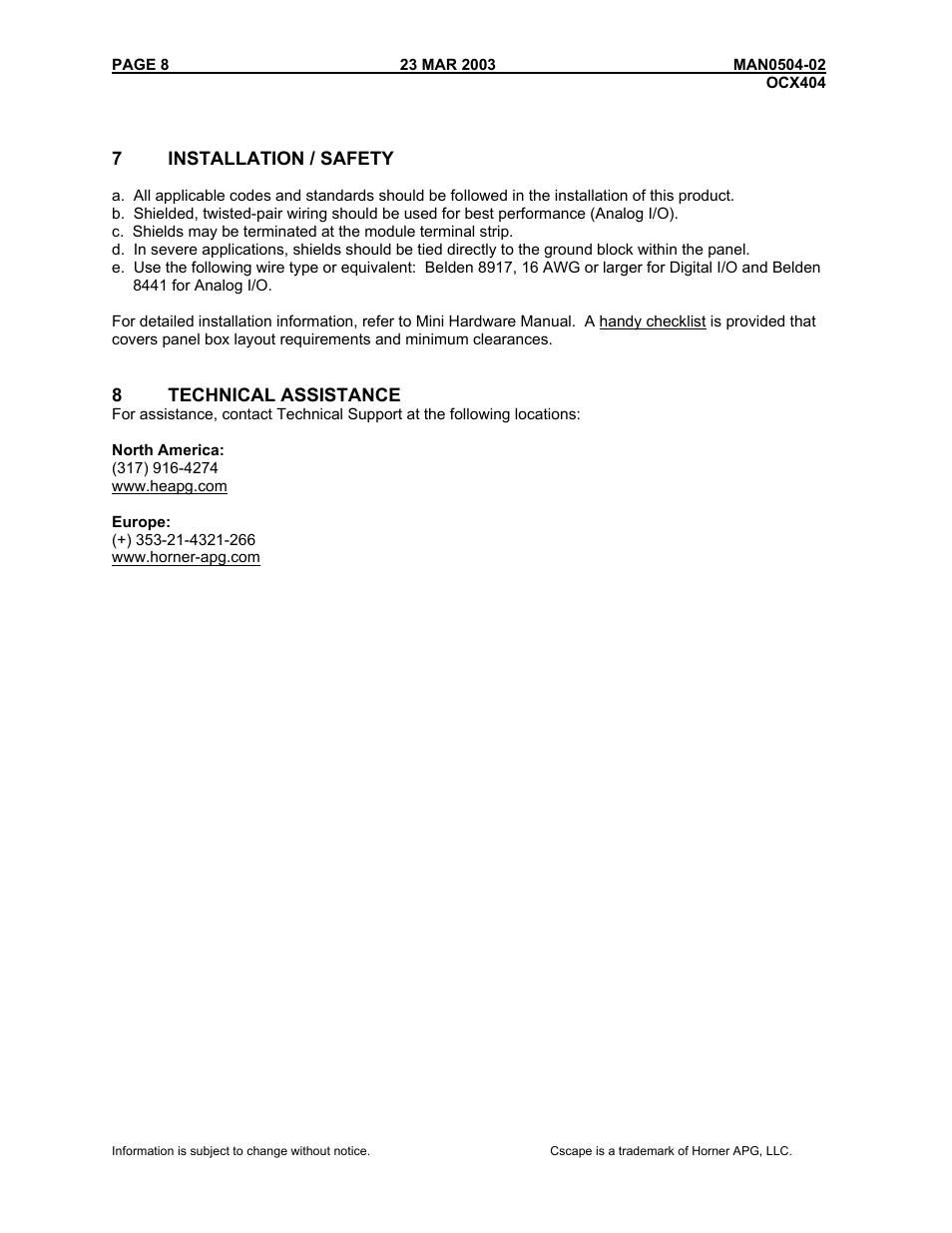 7installation / safety, 8technical assistance | Horner APG RCX HE500RCX404 User Manual | Page 8 / 8