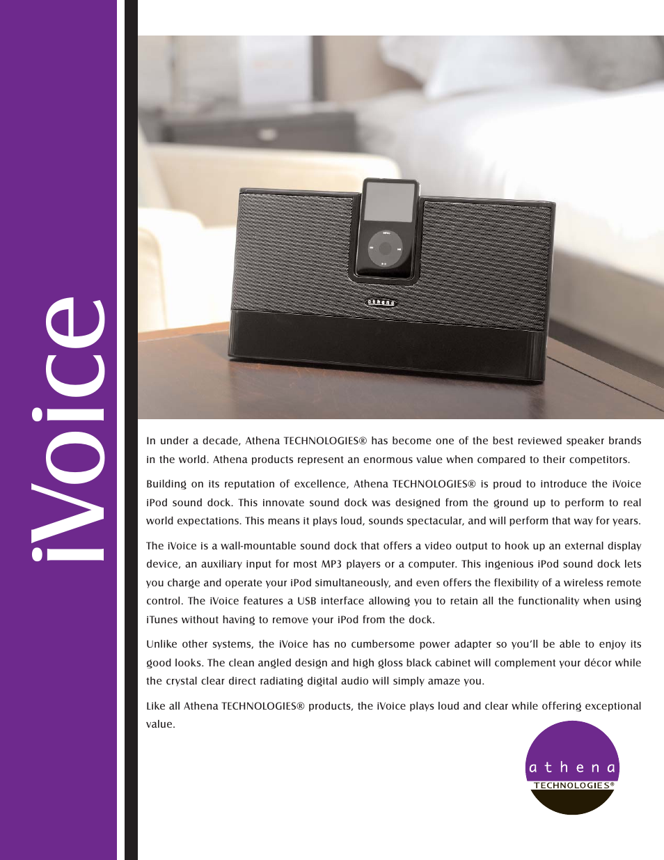 Athena Technologies iVoice iPod Docking Station User Manual | 2 pages