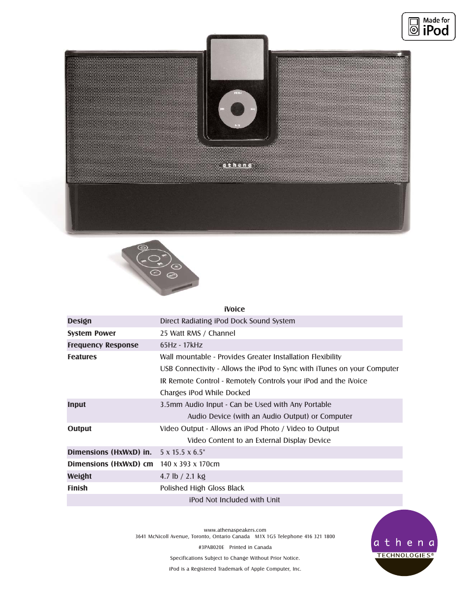 Athena Technologies iVoice iPod Docking Station User Manual | Page 2 / 2