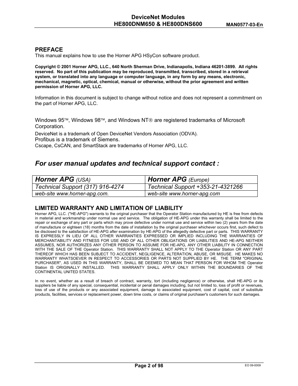 Horner apg | Horner APG SmartStack I/O HE800DNS600/HEDNS600 User Manual | Page 2 / 98