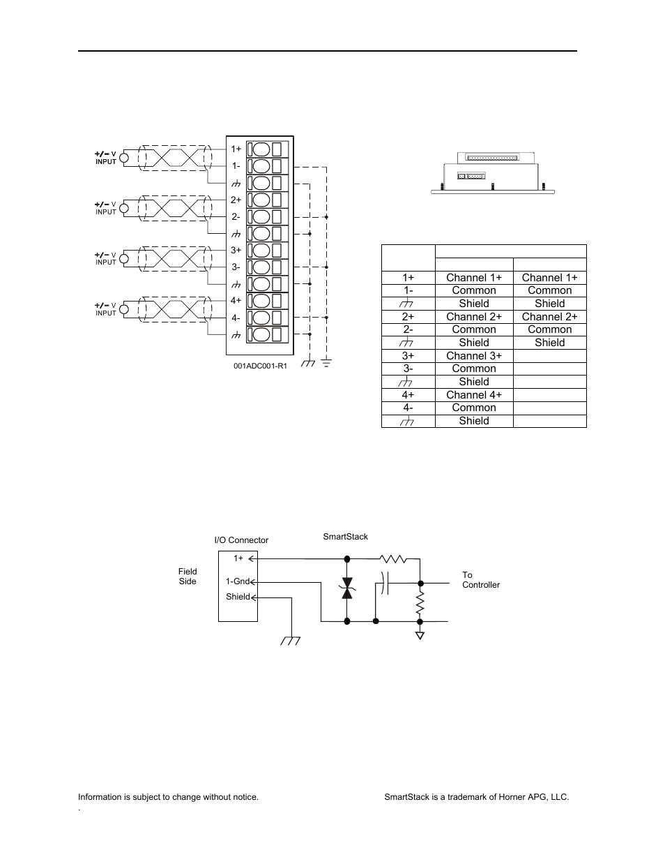 2 wiring, 3internal circuit schematic | Horner APG SmartStack I/O HE-ADC110 User Manual | Page 2 / 8