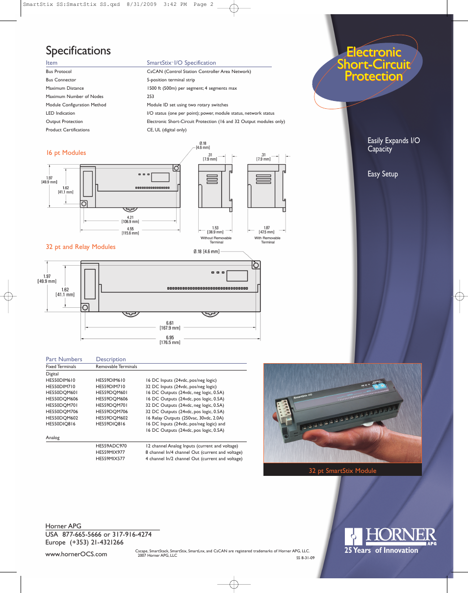 Specifications, Easily expands i/o capacity easy setup, 25 years of innovation | Horner APG SmartStix User Manual | Page 2 / 2