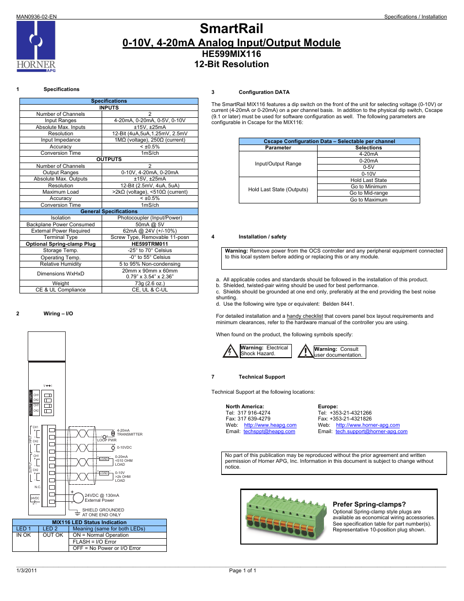 Horner APG SmartRail HE599MIX116 User Manual | 1 page