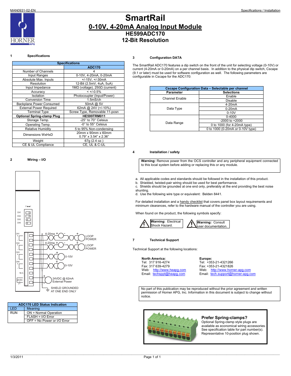 Horner APG SmartRail HE599ADC170 User Manual | 1 page
