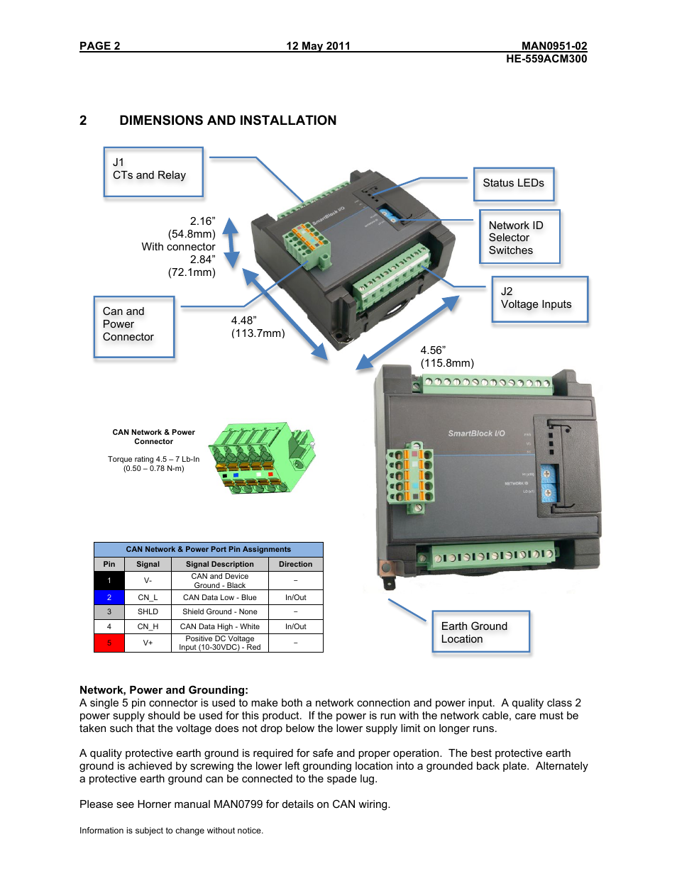 2dimensions and installation | Horner APG SmartBlock HE-579ACM300 User Manual | Page 2 / 7