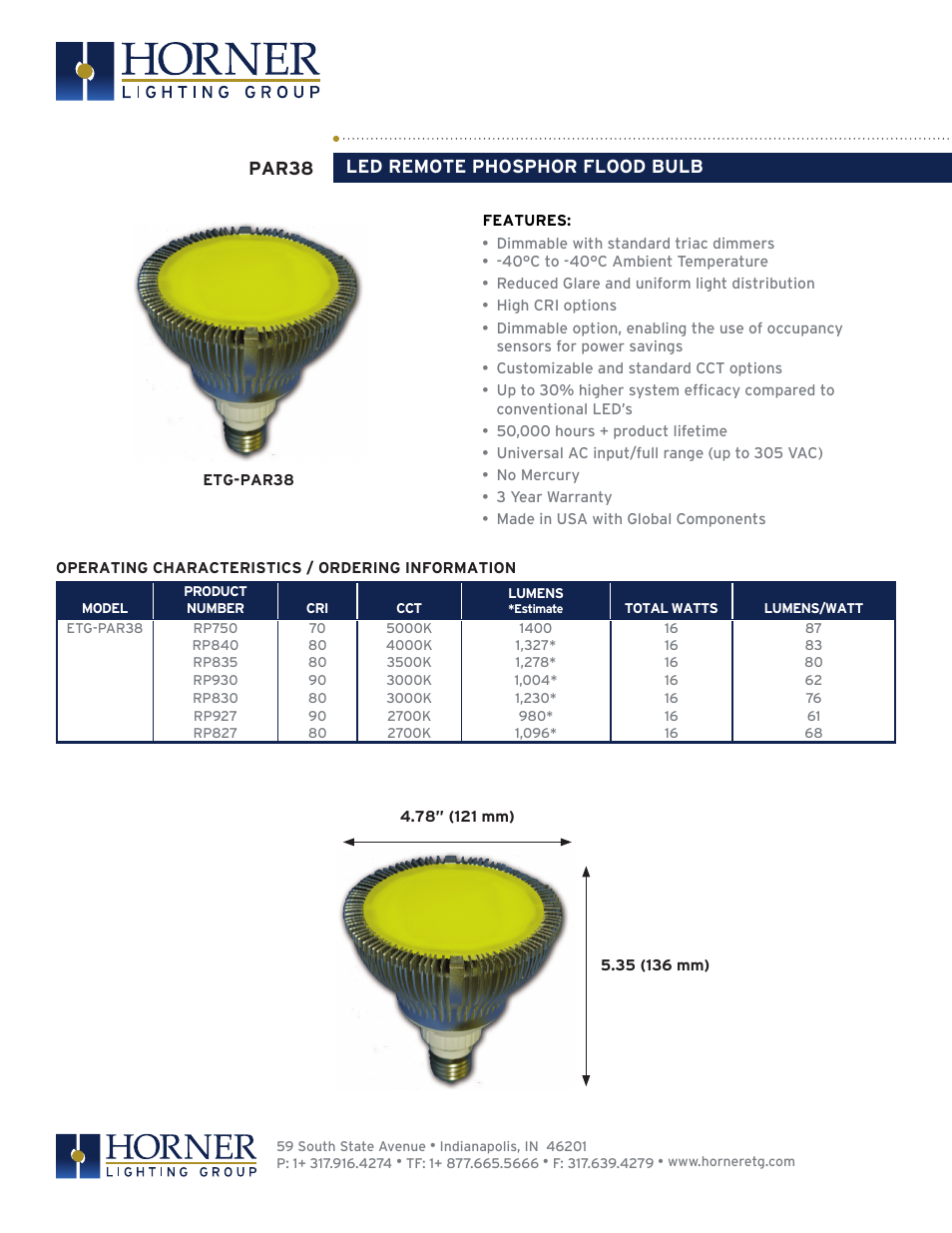 Horner APG Par 38 User Manual | 2 pages