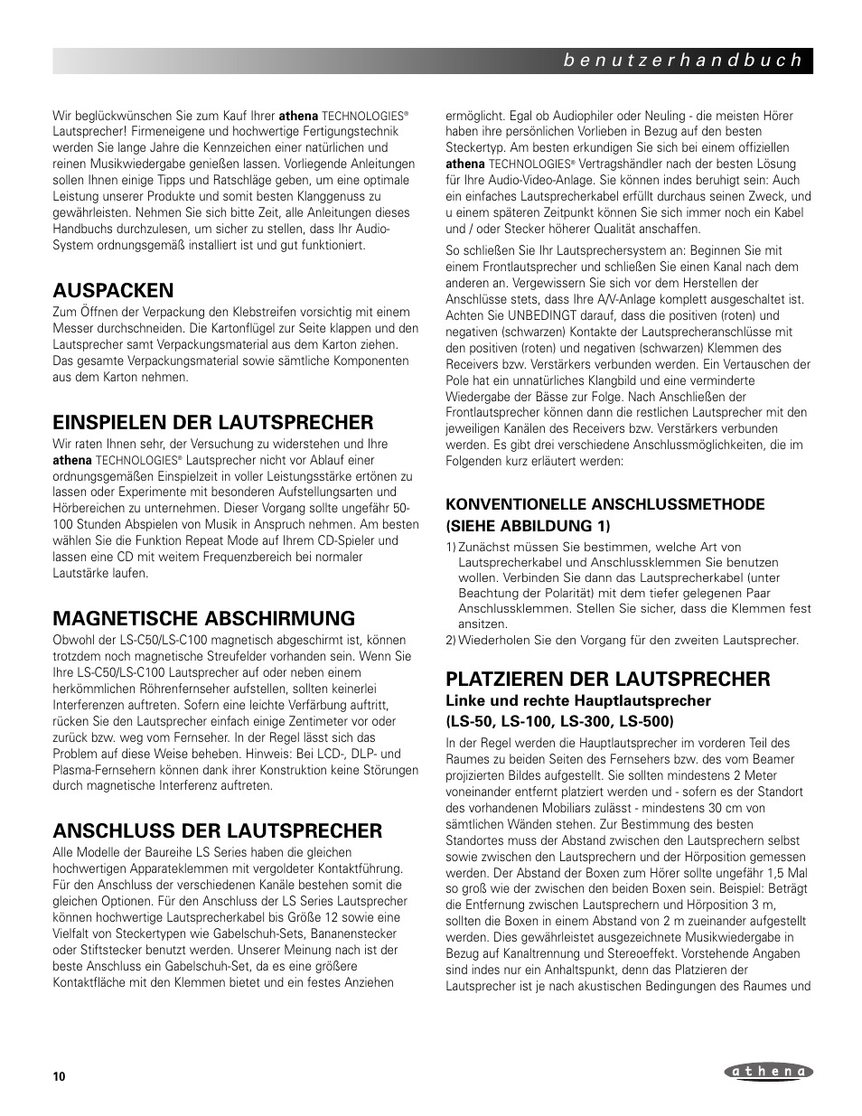 Auspacken, Einspielen der lautsprecher, Magnetische abschirmung | Anschluss der lautsprecher, Platzieren der lautsprecher | Athena Technologies LS-C100 User Manual | Page 10 / 23