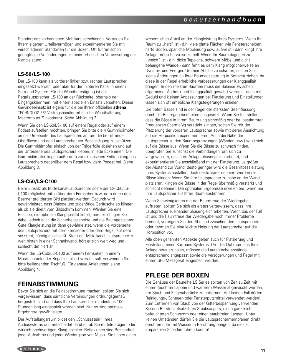 Feinabstimmung, Pflege der boxen | Athena Technologies LS-C100 User Manual | Page 11 / 23