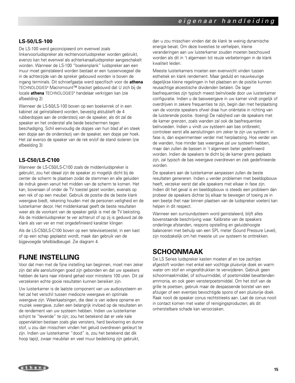 Fijne instelling, Schoonmaak | Athena Technologies LS-C100 User Manual | Page 15 / 23