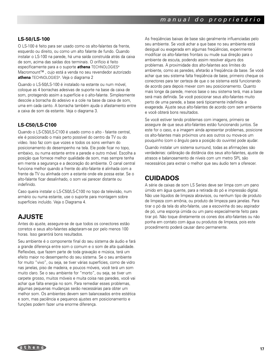Ajuste, Cuidados | Athena Technologies LS-C100 User Manual | Page 17 / 23