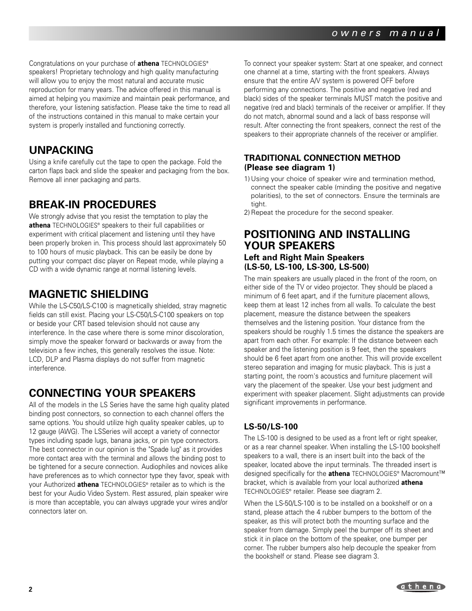 Unpacking, Break-in procedures, Magnetic shielding | Connecting your speakers, Positioning and installing your speakers | Athena Technologies LS-C100 User Manual | Page 2 / 23