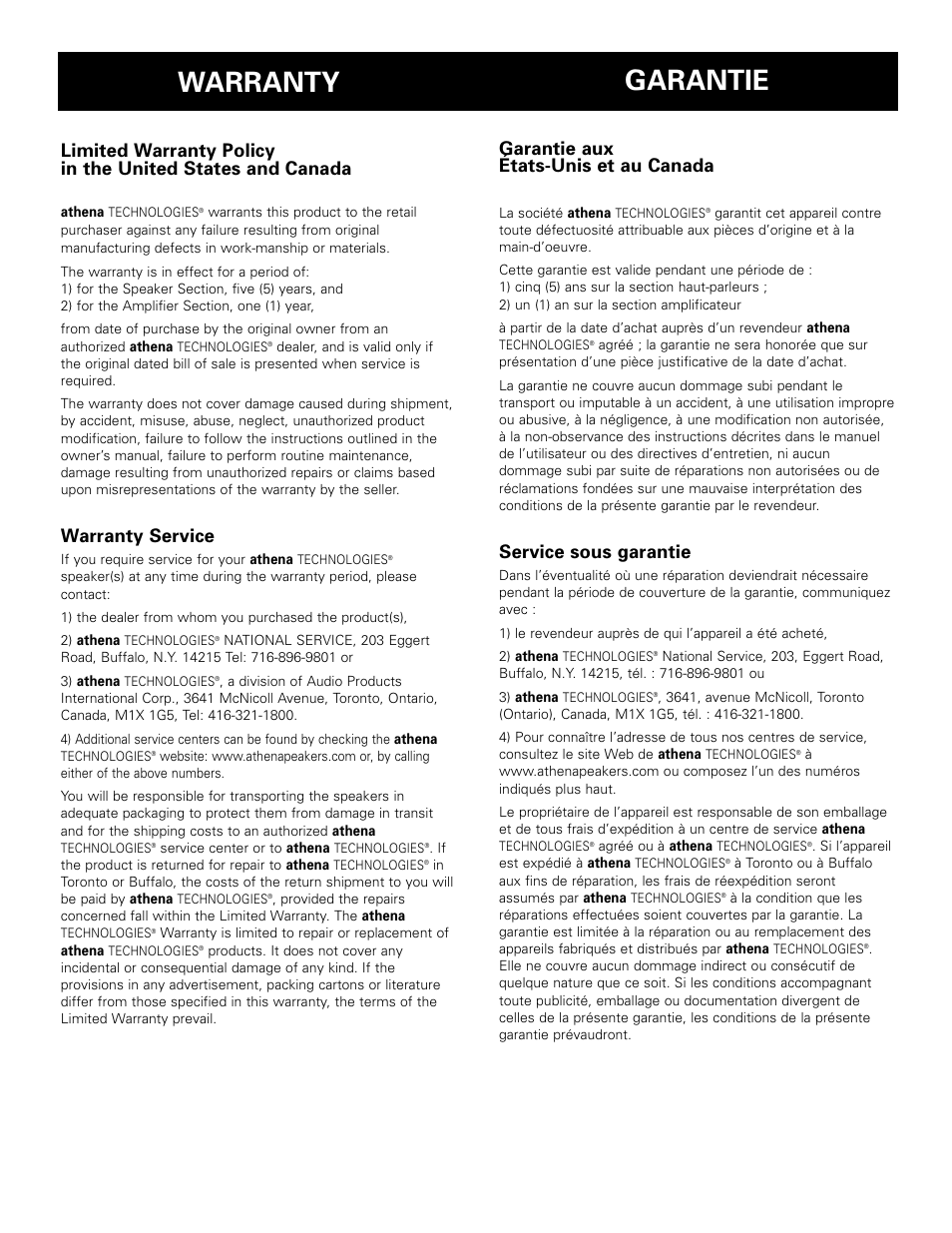 Warranty, Garantie, Warranty service | Garantie aux états-unis et au canada, Service sous garantie | Athena Technologies LS-C100 User Manual | Page 23 / 23