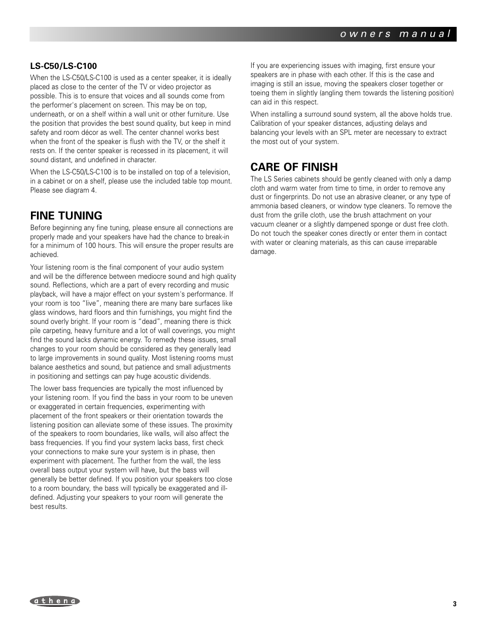 Fine tuning, Care of finish | Athena Technologies LS-C100 User Manual | Page 3 / 23