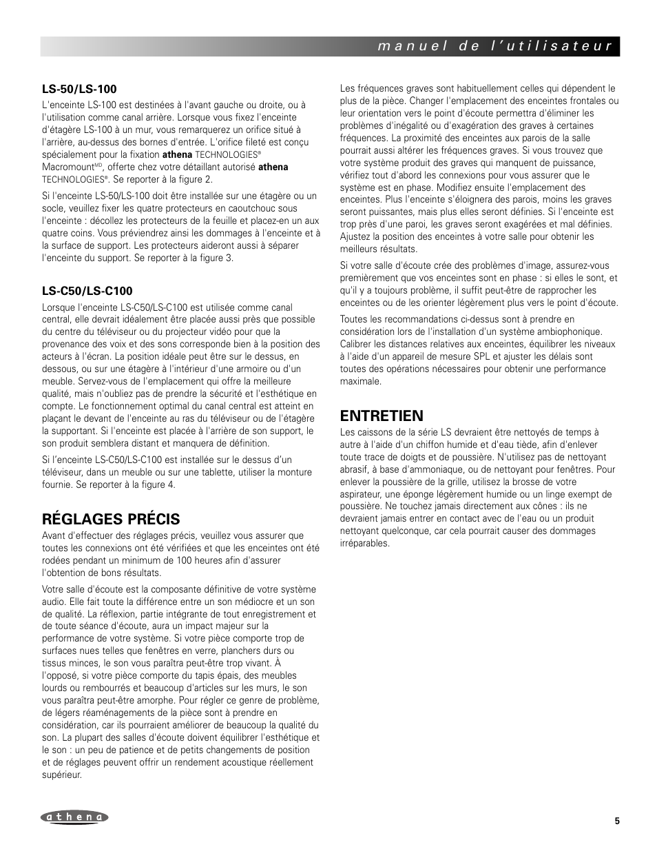 Réglages précis, Entretien | Athena Technologies LS-C100 User Manual | Page 5 / 23