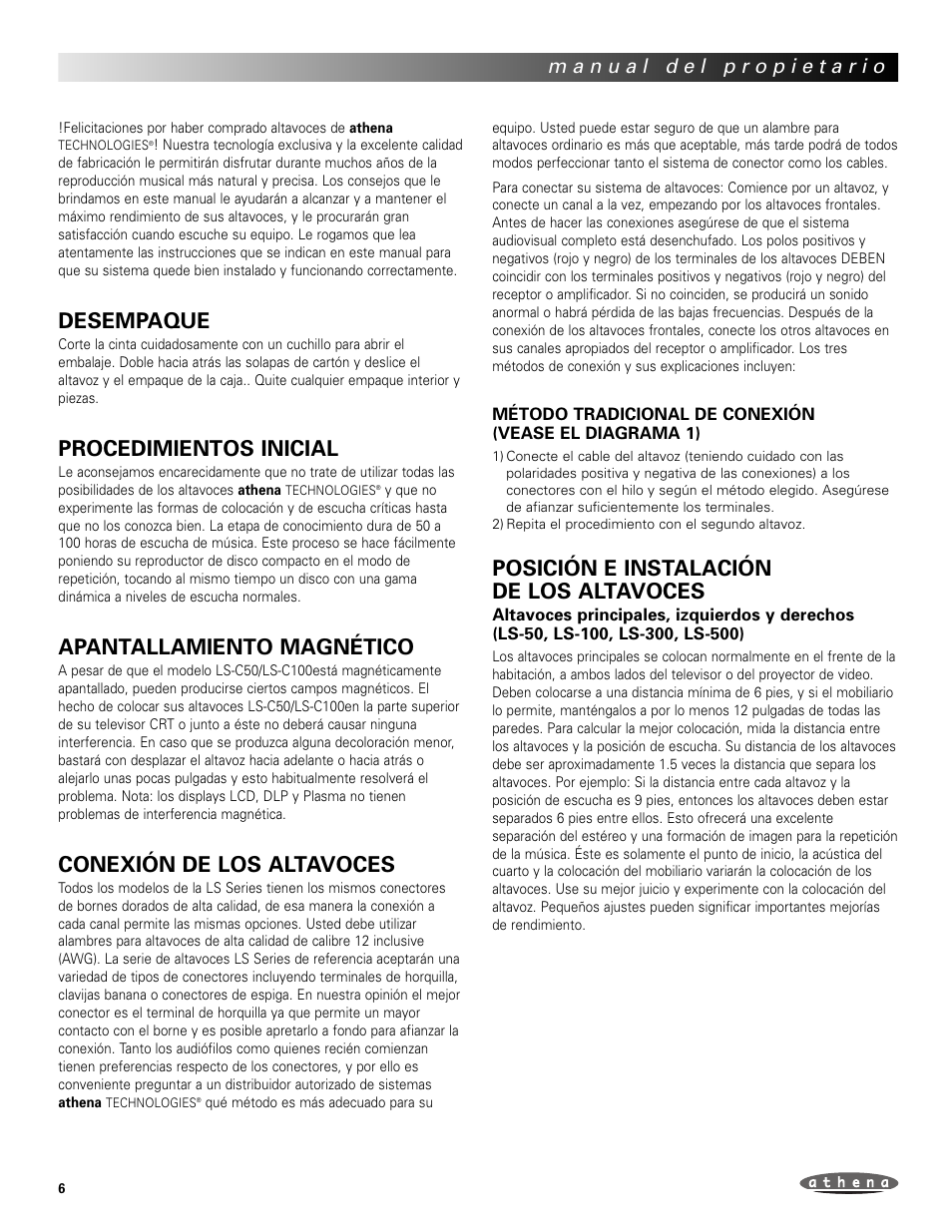 Desempaque, Procedimientos inicial, Apantallamiento magnético | Conexión de los altavoces, Posición e instalación de los altavoces | Athena Technologies LS-C100 User Manual | Page 6 / 23