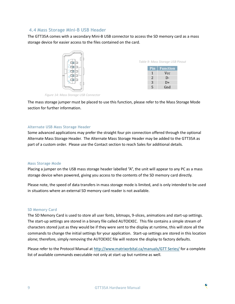 4 mass storage mini-b usb header, Alternate usb mass storage header, Mass storage mode | Sd memory card | Matrix Orbital GTT35 User Manual | Page 13 / 19