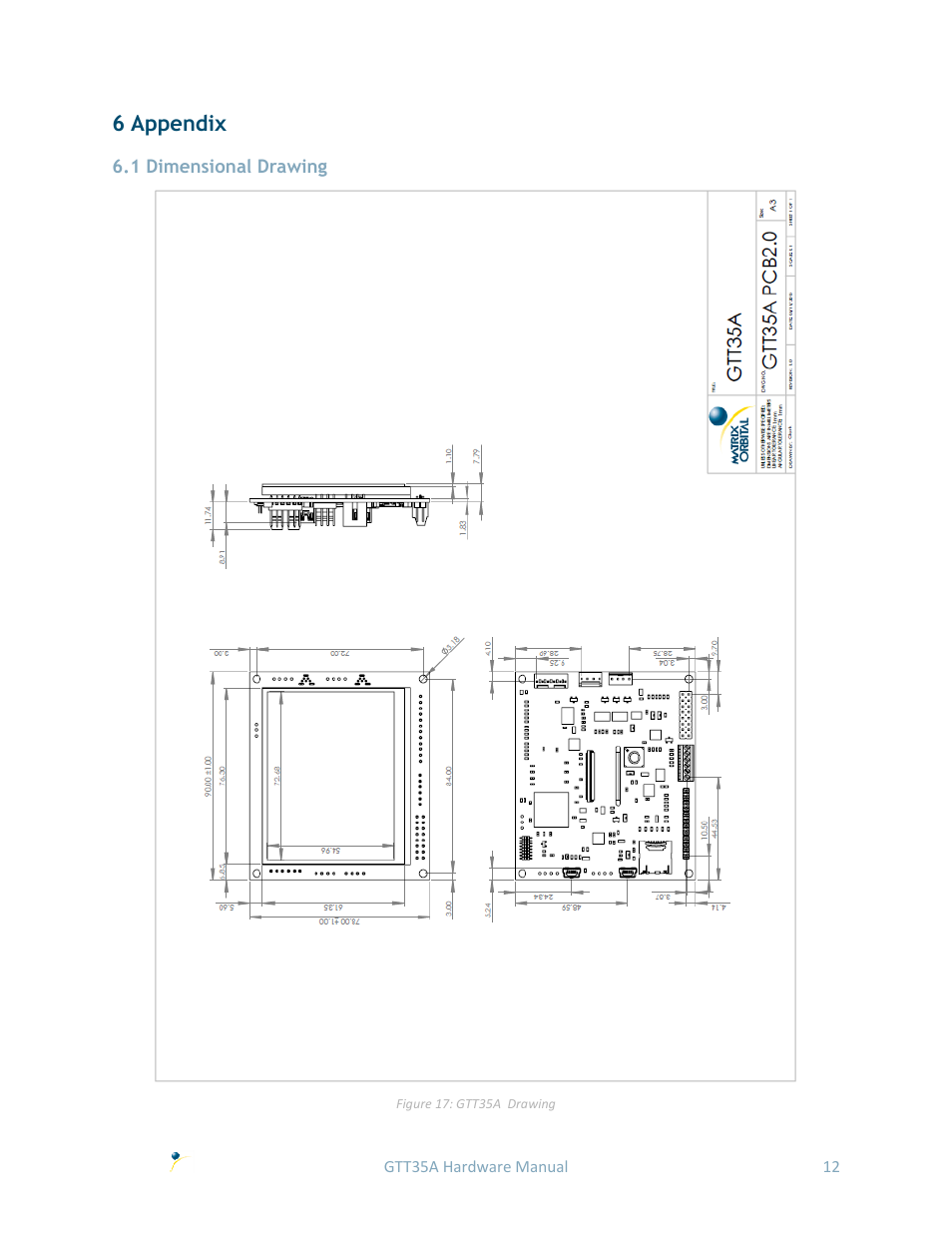 6 appendix, 1 dimensional drawing | Matrix Orbital GTT35 User Manual | Page 16 / 19