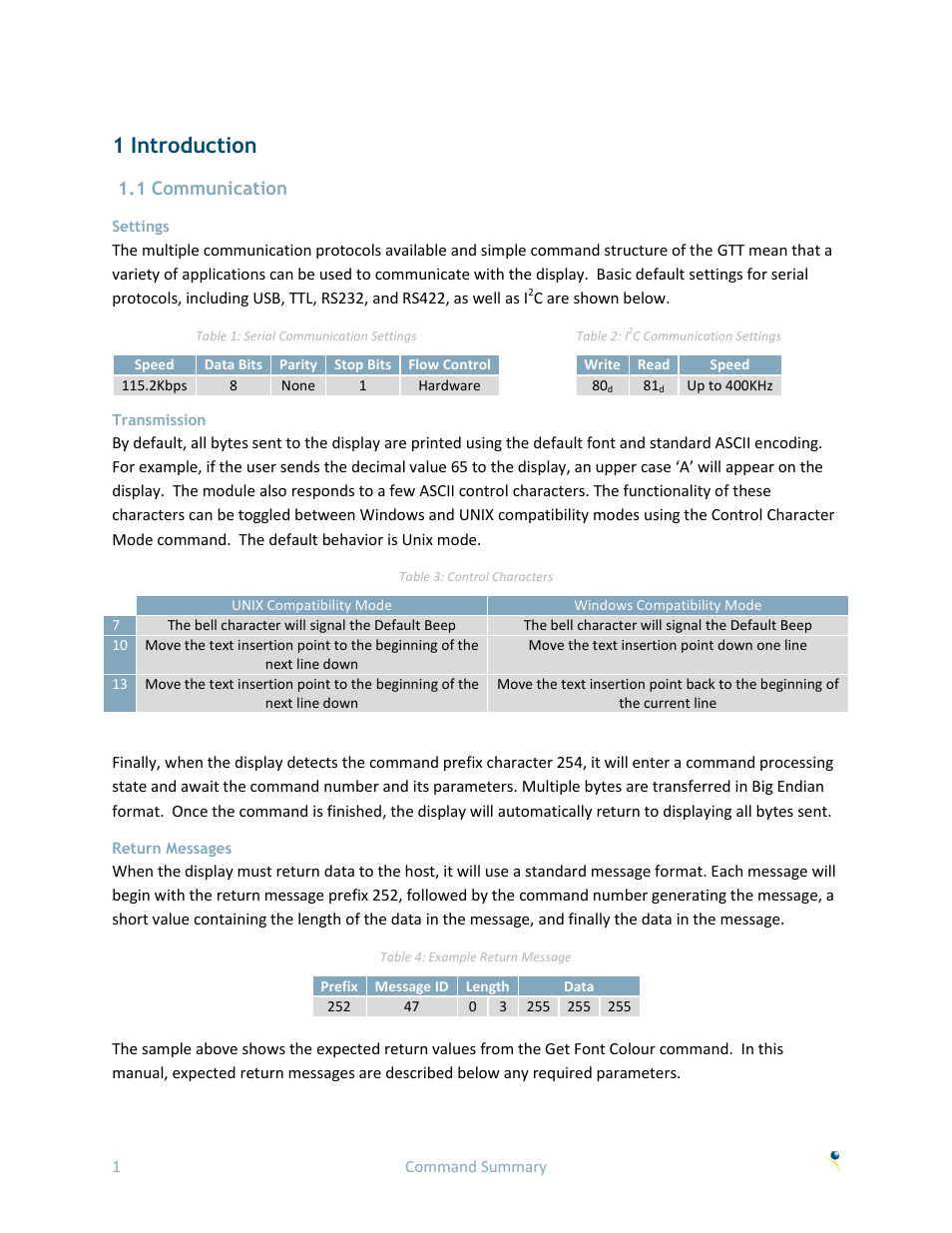 1 introduction, 1 communication, Settings | Transmission, Return messages | Matrix Orbital GTT70A User Manual | Page 5 / 53