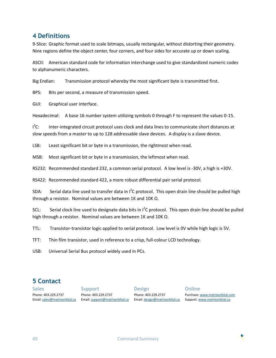 4 definitions, 5 contact | Matrix Orbital GTT70A User Manual | Page 53 / 53