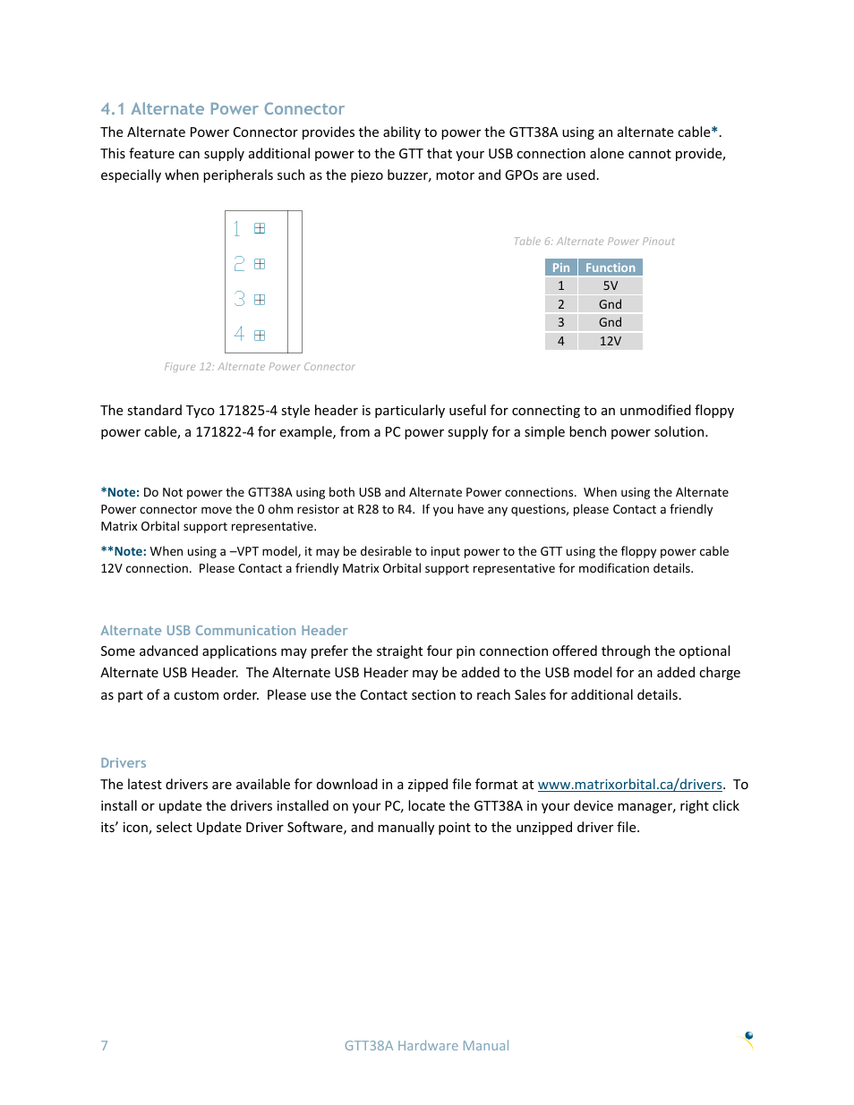 1 alternate power connector, Note: do not power the, Alternate usb communication header | Drivers | Matrix Orbital GTT38A User Manual | Page 11 / 19