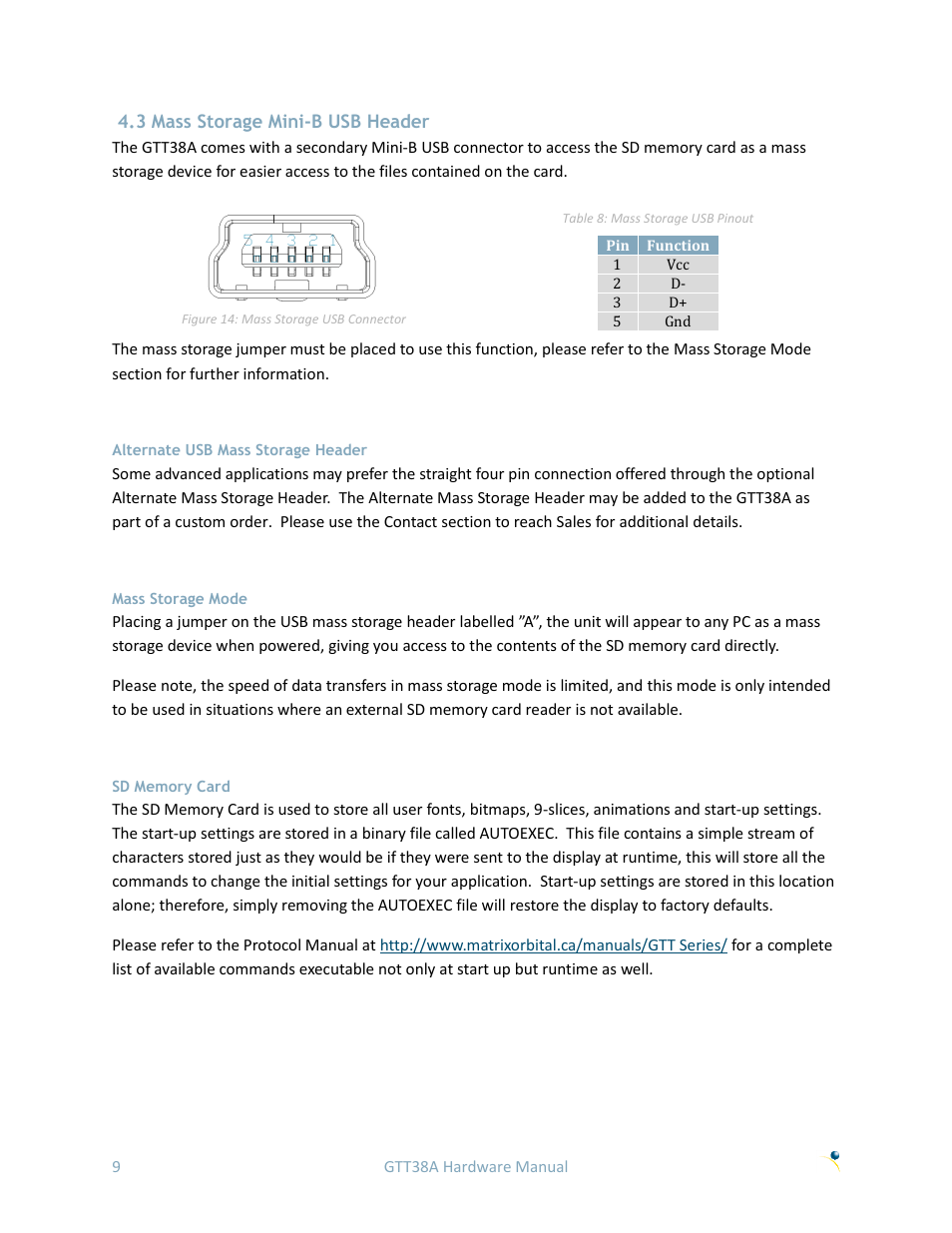 3 mass storage mini-b usb header, Alternate usb mass storage header, Mass storage mode | Sd memory card | Matrix Orbital GTT38A User Manual | Page 13 / 19