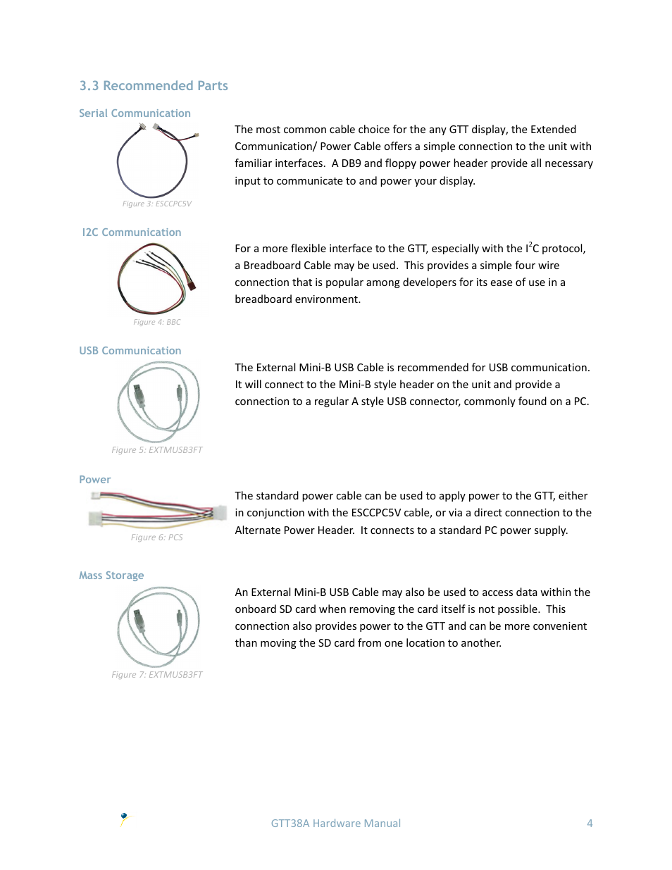 3 recommended parts, Serial communication, I2c communication | Usb communication, Power, Mass storage | Matrix Orbital GTT38A User Manual | Page 8 / 19