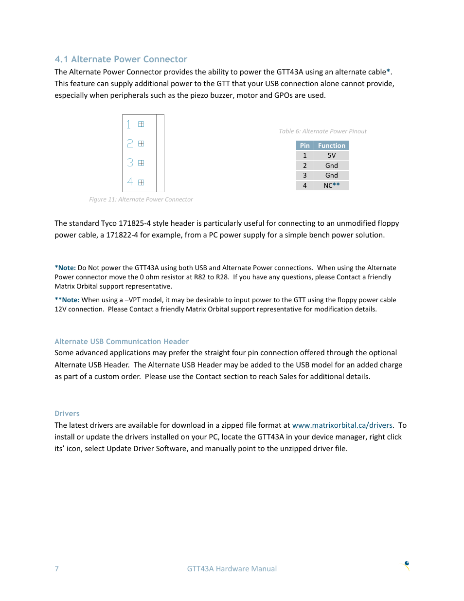 1 alternate power connector, Note: do not power the, Alternate usb communication header | Drivers | Matrix Orbital GTT43A User Manual | Page 11 / 19