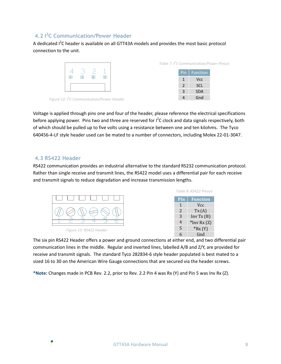 C communication/power header, 3 rs422 header | Matrix Orbital GTT43A User Manual | Page 12 / 19
