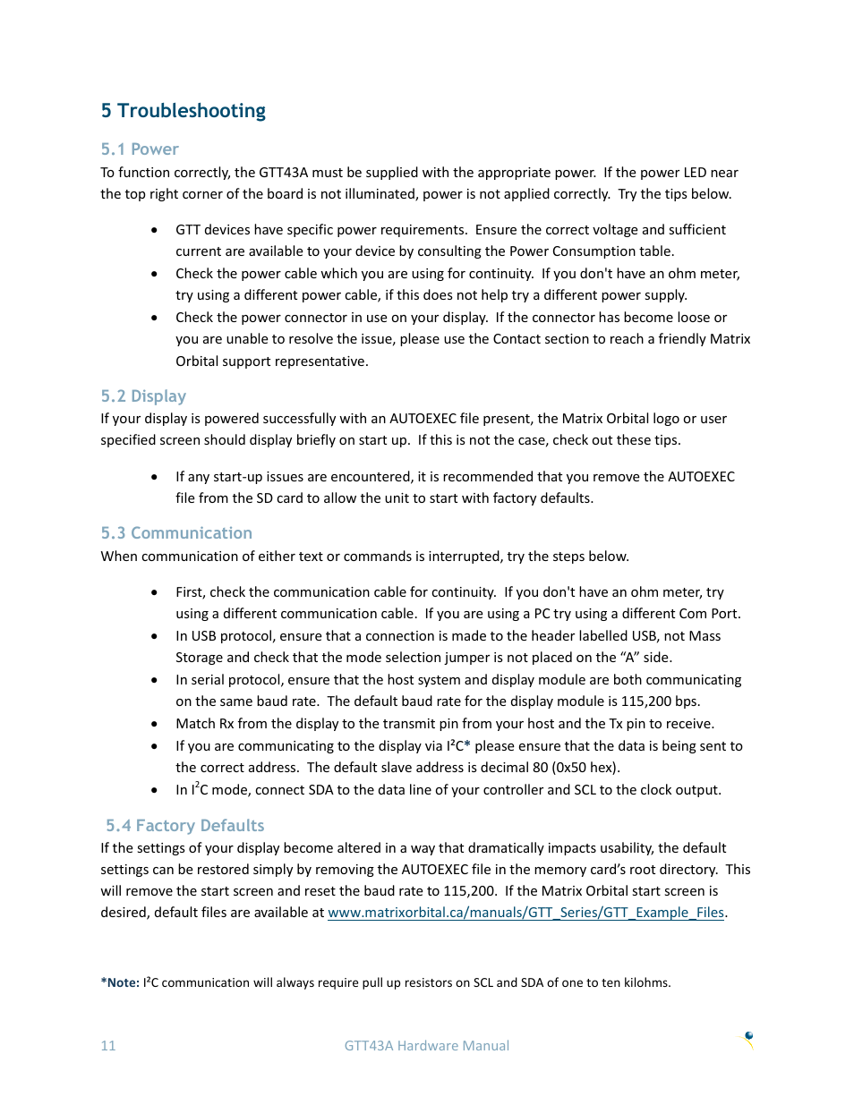 5 troubleshooting, 1 power, 2 display | 3 communication, 4 factory defaults | Matrix Orbital GTT43A User Manual | Page 15 / 19