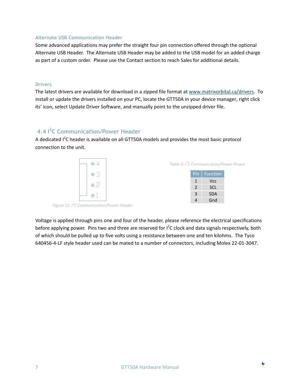 Alternate usb communication header, Drivers, 4 i2c communication/power header | C communication/power header | Matrix Orbital GTT50A User Manual | Page 11 / 19