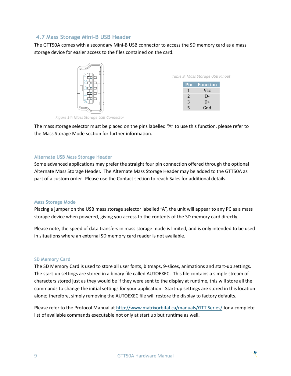 7 mass storage mini-b usb header, Alternate usb mass storage header, Mass storage mode | Sd memory card | Matrix Orbital GTT50A User Manual | Page 13 / 19