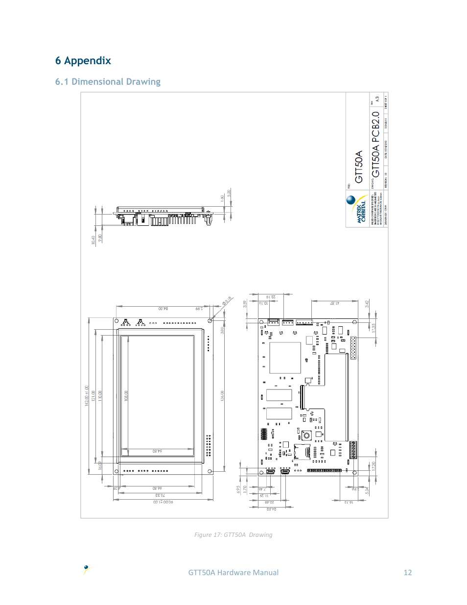 6 appendix, 1 dimensional drawing | Matrix Orbital GTT50A User Manual | Page 16 / 19