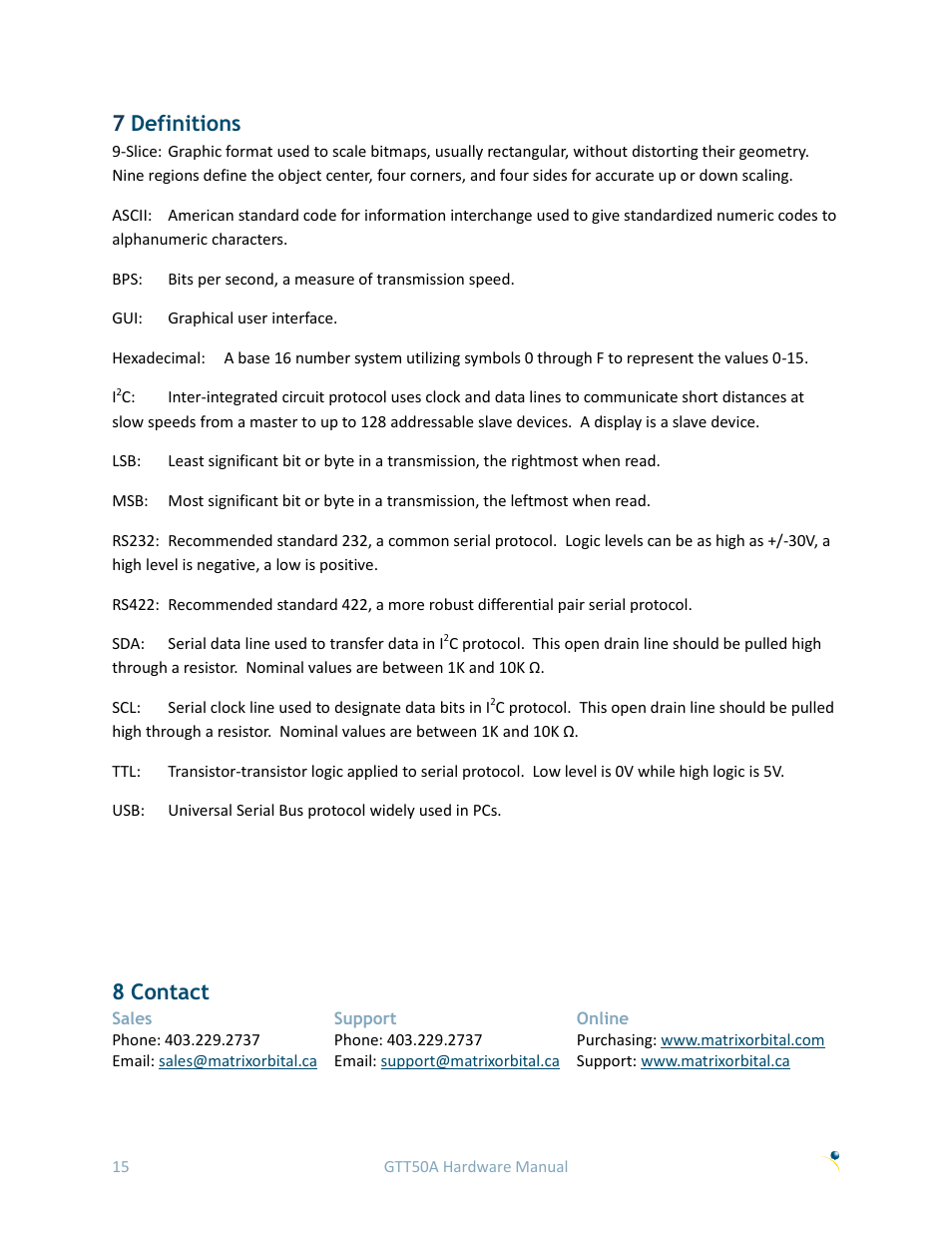 7 definitions, 8 contact, 7definitions | Matrix Orbital GTT50A User Manual | Page 19 / 19