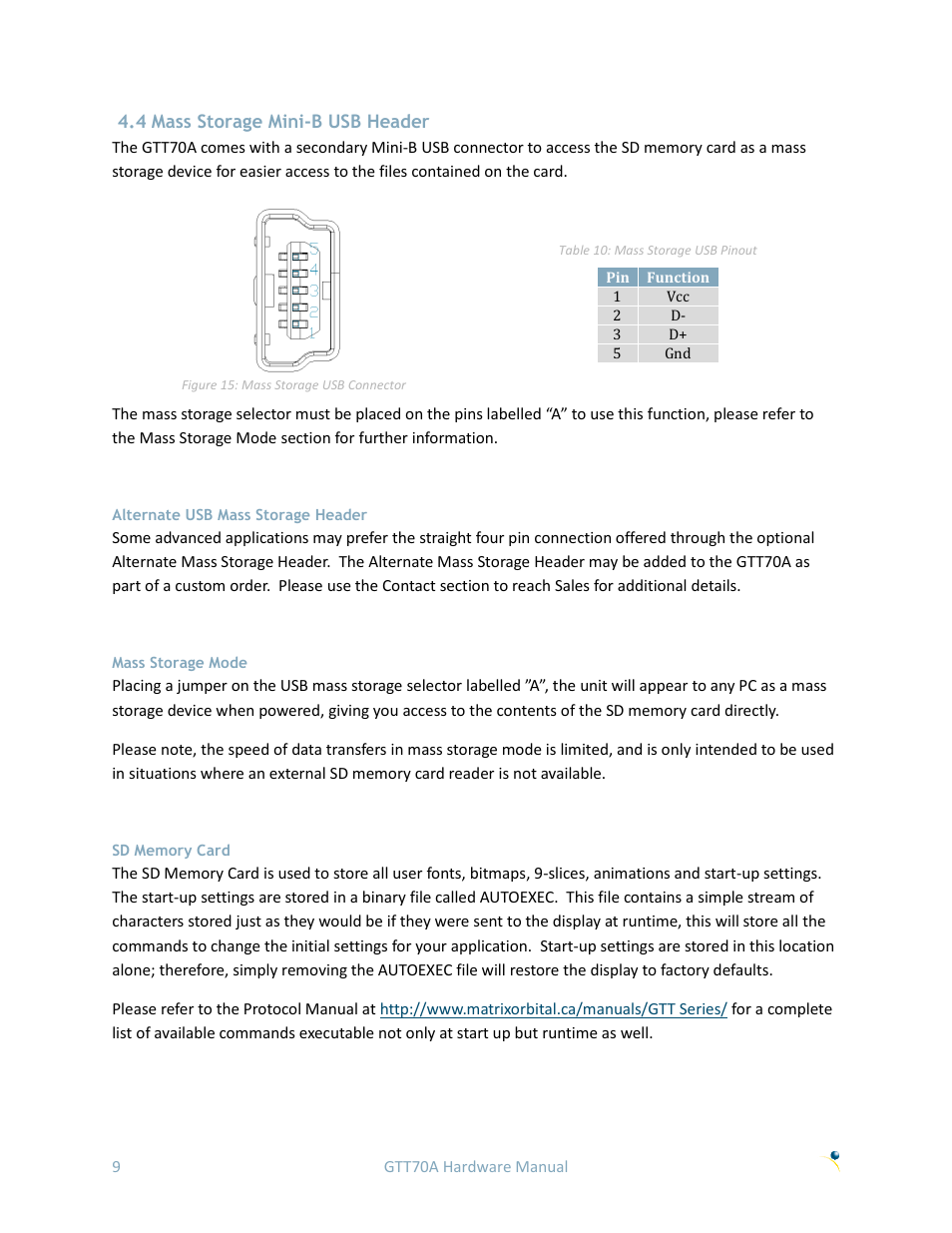 4 mass storage mini-b usb header, Alternate usb mass storage header, Mass storage mode | Sd memory card | Matrix Orbital GTT70A User Manual | Page 13 / 19