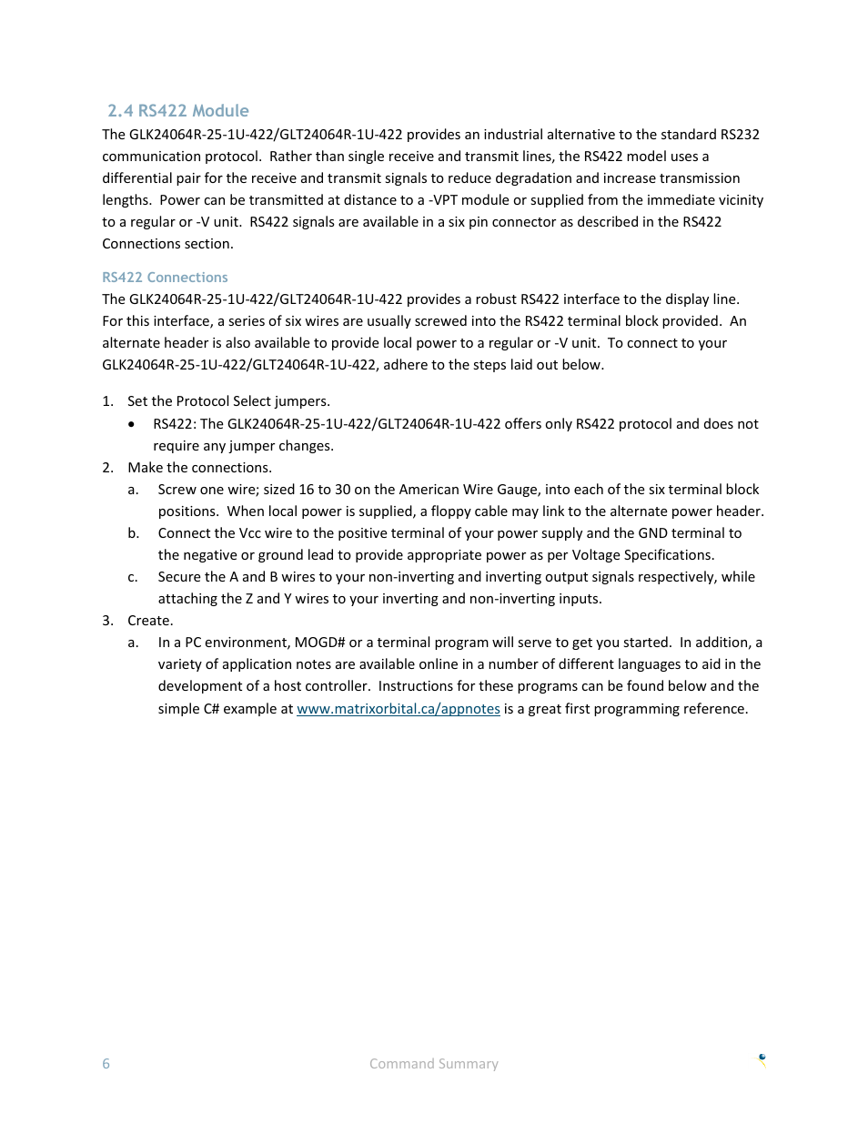 4 rs422 module, Rs422 connections | Matrix Orbital GLK24064R-25-1U User Manual | Page 11 / 72