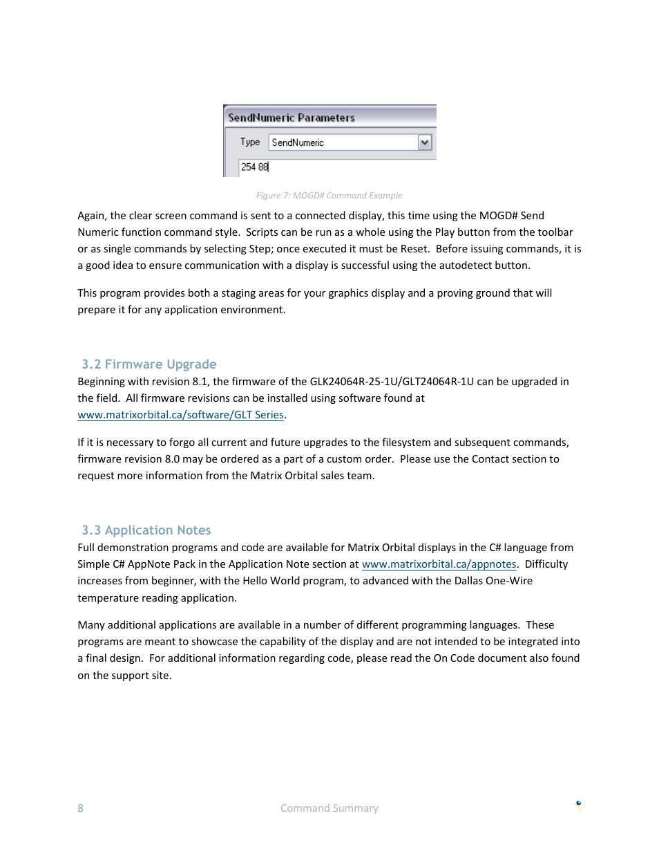 2 firmware upgrade, 3 application notes | Matrix Orbital GLK24064R-25-1U User Manual | Page 13 / 72