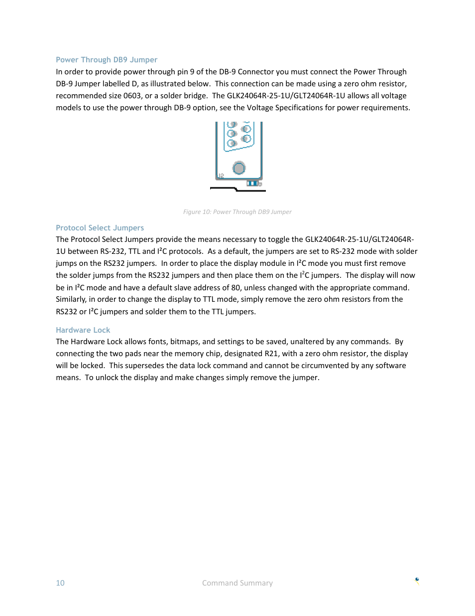 Power through db9 jumper, Protocol select jumpers, Hardware lock | Matrix Orbital GLK24064R-25-1U User Manual | Page 15 / 72