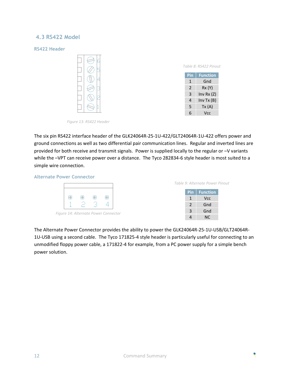3 rs422 model, Rs422 header, Alternate power connector | Matrix Orbital GLK24064R-25-1U User Manual | Page 17 / 72