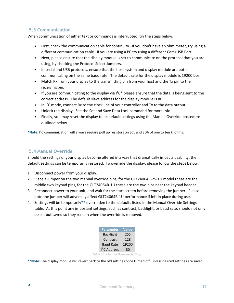 3 communication, 4 manual override | Matrix Orbital GLK24064R-25-1U User Manual | Page 22 / 72