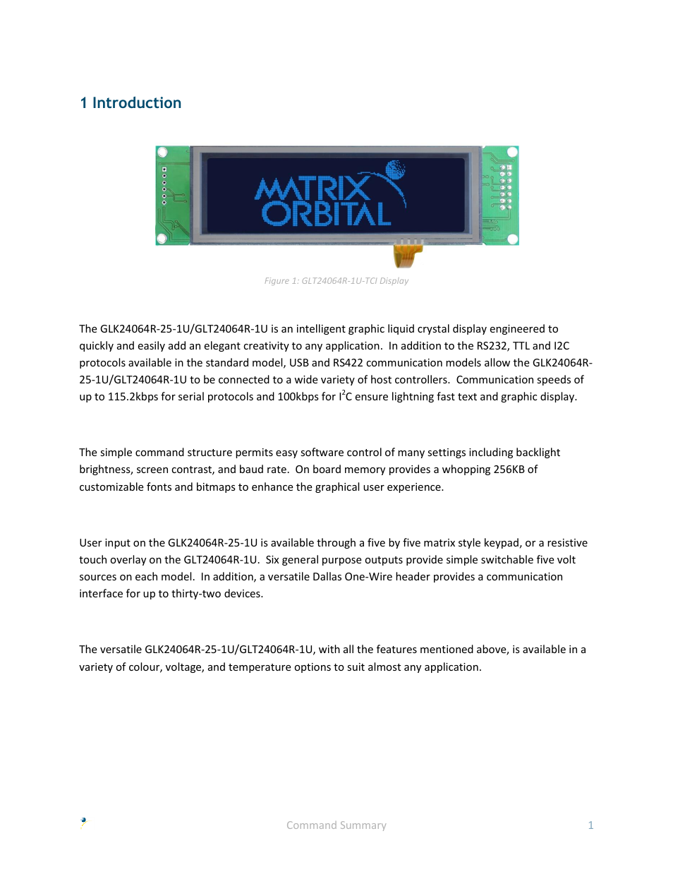 1 introduction | Matrix Orbital GLK24064R-25-1U User Manual | Page 6 / 72
