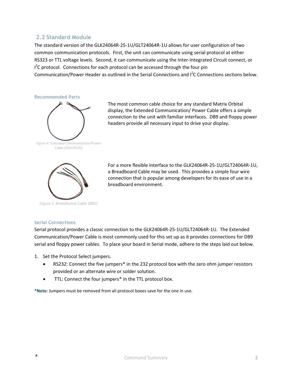 2 standard module, Recommended parts, Serial connections | Matrix Orbital GLK24064R-25-1U User Manual | Page 8 / 72