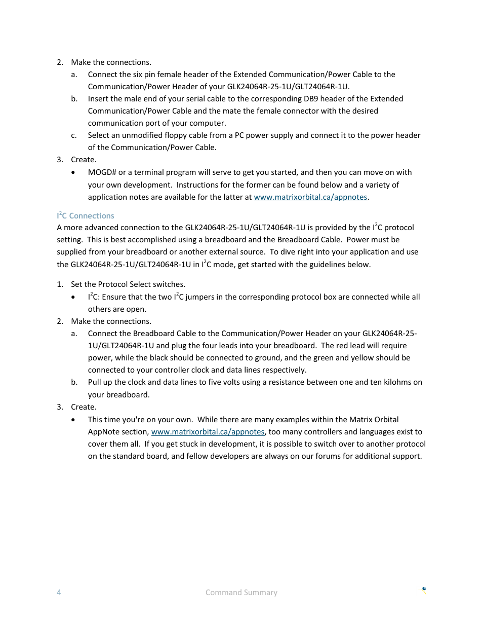 I2c connections, C connections | Matrix Orbital GLK24064R-25-1U User Manual | Page 9 / 72